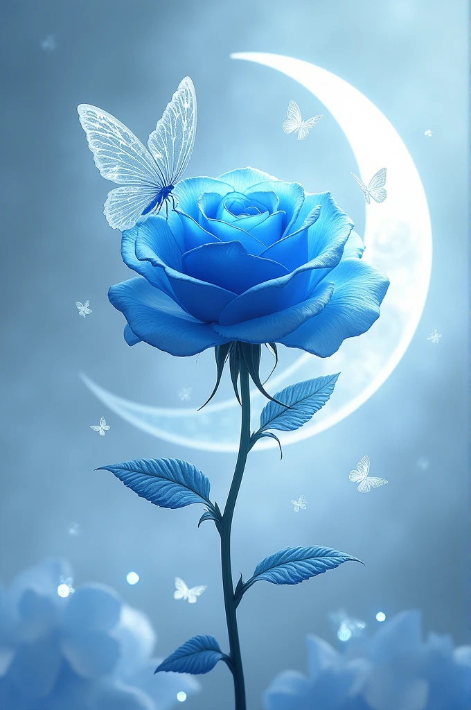 A highly detailed, ethereal scene featuring a vivid blue rose, with crystalline petals, floating in mid-air. Surrounding the rose is a large, transparent butterfly with intricate, delicate wings, gently circling around the stem. A semi-transparent crescent moon arches behind the rose, adding a mystical aura. Small, translucent butterflies flutter around the composition. The background is a soft, light gradient, with subtle, glowing highlights and reflections, creating a surreal, otherworldly atmosphere. The image should evoke a sense of fragility and elegance, with hd quality, and a natural yet dreamy look.