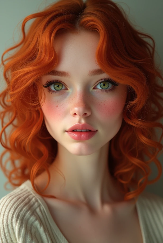 A woman with red hair, green eyes, medium-length curly hair, a mole on one cheek, and dimples on both cheeks