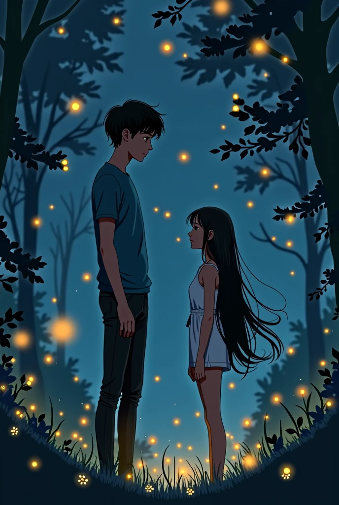 Tall Boy and short girl with long hair watching fire flies at night in a dark forest boy is wearing blue T shirt black long pants and the girl is wearing short white jumpsuit with straps
