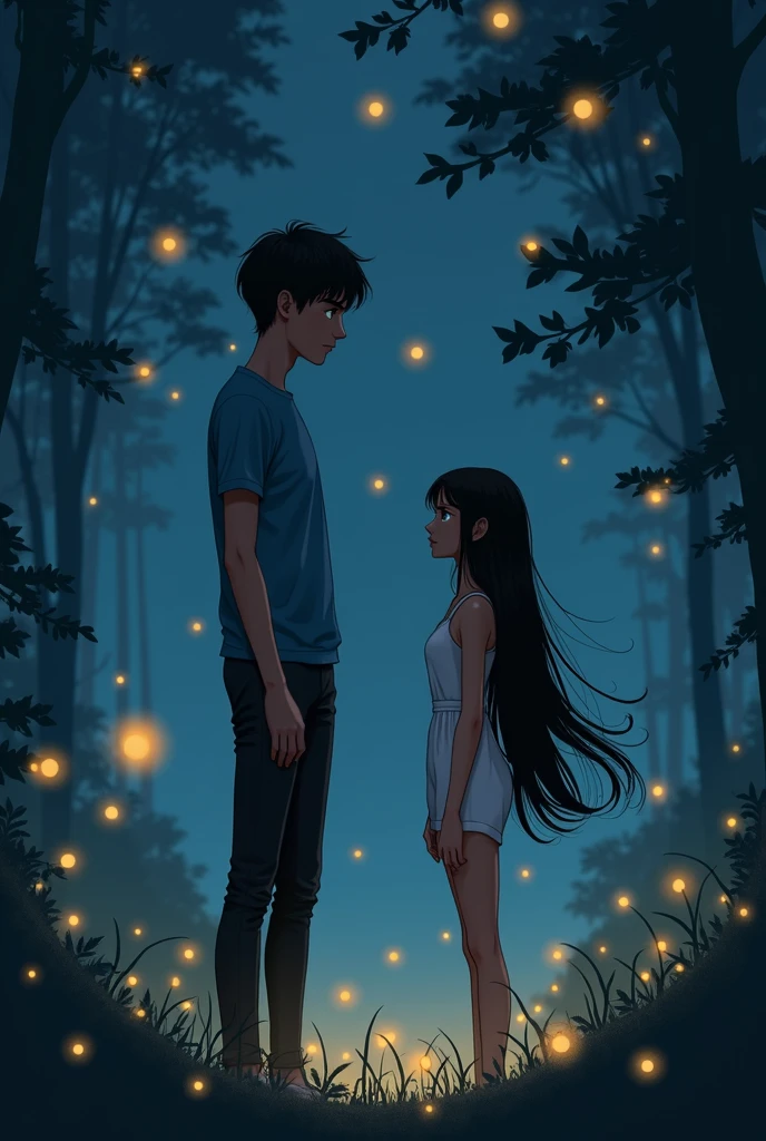 Tall Boy and short girl with long hair watching fire flies at night in a dark forest boy is wearing blue T shirt black long pants and the girl is wearing short white jumpsuit with straps