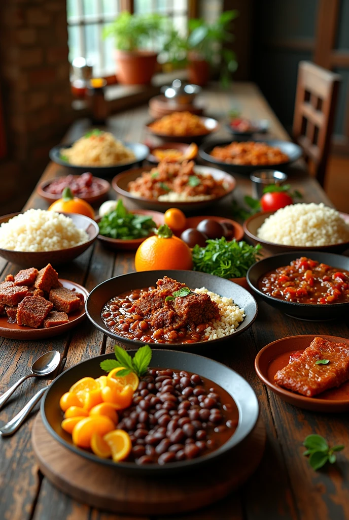 Create a feijoada table with more dishes photo lying down