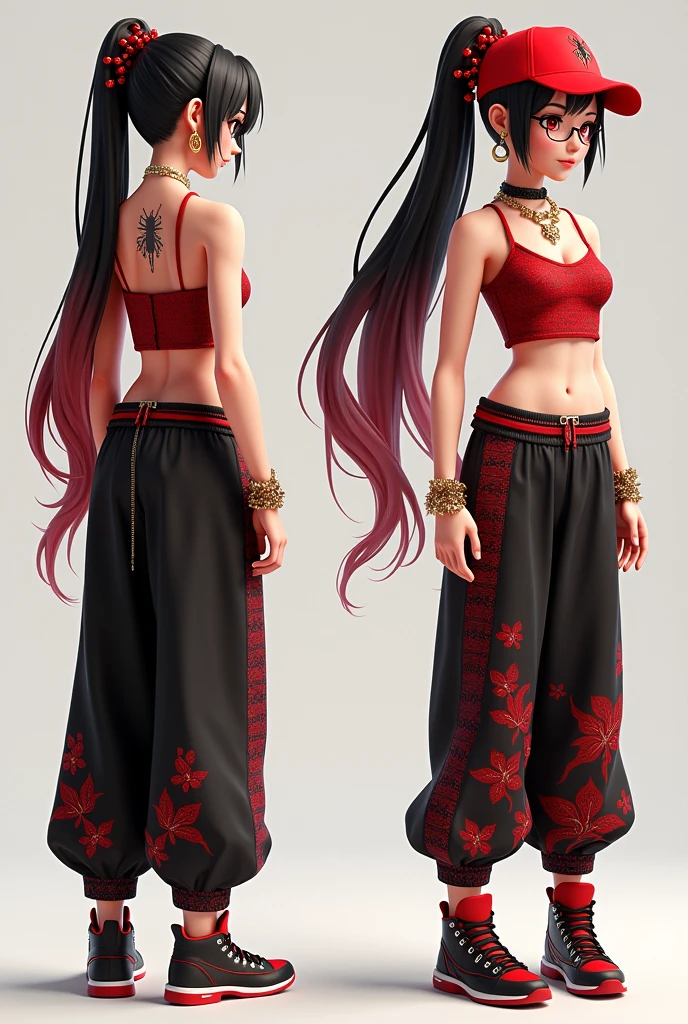 Rayferrez:
• A 3D animated character with a modern and distinctive design.
• Has long black hair that reaches their waist, the last 4 inches from the ends of their hair are red, giving it weight and shine, tied up in a ponytail adorned with red spider lily crystals.
• Large red eyes give a mysterious and alluring feel, wearing red-rimmed glasses.
• Wearing a red crop top with intricate patterns, revealing their waist.
• Wearing loose black pants with red patterns, red spider lily patterns.
• Wearing high-top black and red sneakers, matching the overall outfit.
• Wearing a red baseball cap backwards, adding coolness and modernity.
• Adorned with red hoop earrings, a gold choker necklace, and other gold jewelry.
• Has a red and gold belt with chain details, adding luxury to the outfit.
• The clothing style blends modern streetwear with elements of Thai fabrics.
• The image displays multiple perspectives of the character, including full body shots, close-up facial shots, and movement poses.
Both characters have distinctive and unique designs, although they have different styles, they seem to have an emotional connection and relationship, reflecting the multi-faceted and engaging character design.
• Has a tattoo on their left hip, a name. "Rayferrez"
The tattoo's lettering is delicate yet bold at the same time.
The tattoo is red, matching the main color tone of the attire.
This tattoo may symbolize Rayferrez's pride in their identity and unique individuality.
• Is a Thai language teacher interested in rap who happened to find Boofacusz while he was live streaming.
• Has a great admiration and fondness for BooFacusz, which may indicate a special relationship or inspiration between the two.
• Shortened name is Rfr 
