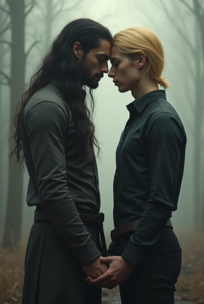 the tall man with long hair holds hands with the blond man, blonde hair and taller than brown hair. more detailed and better quality