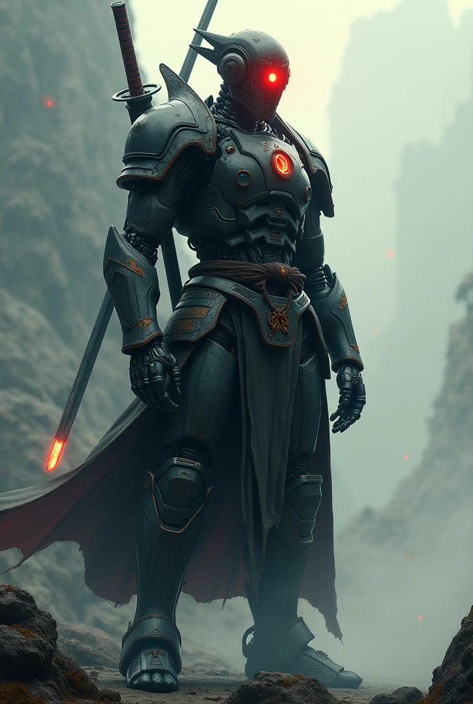 Red fire eye Robot in samurai costume and sword in back