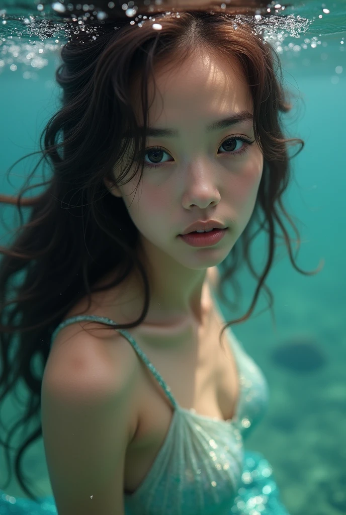 A brunette woman with long hair, eyes browns, in the sea wearing a mermaid's tail, with a close-up capturing the harmonious beauty, showing her natural charm and mysterious personality