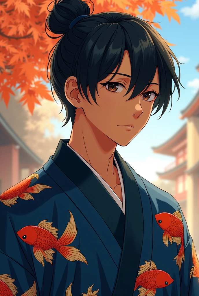 Male character ager with brown skin, wearing dark blue kimono with goldfish print, black hair tied back, dark brown eyes, anime styling