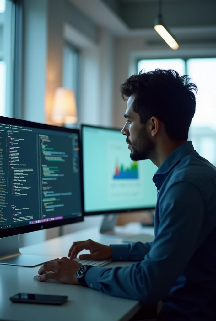 Create a photo of a person in front of the computer working showing the computer screen