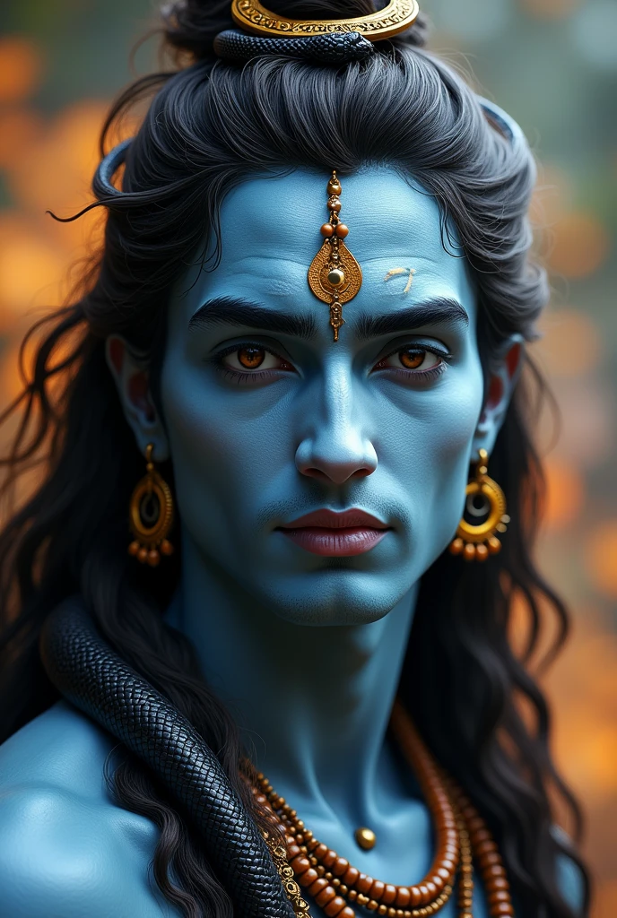 Cute face
2 one
man
wearing Lord Shiva's attractive body Moon on the forehead Black snake wrapped around the neck Wearing Rudraksha rosary Long hair tied on the head Blue body Indian wearing lion skin