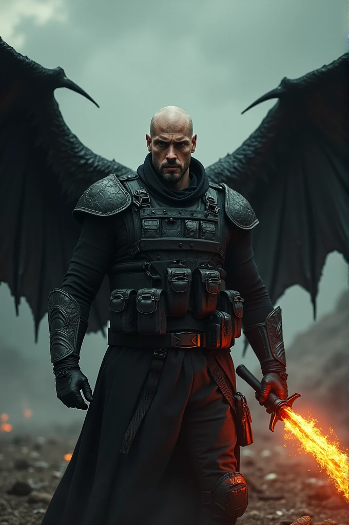 A man with black wings, hairless and goatee, military clothing, with a sword of fire, 