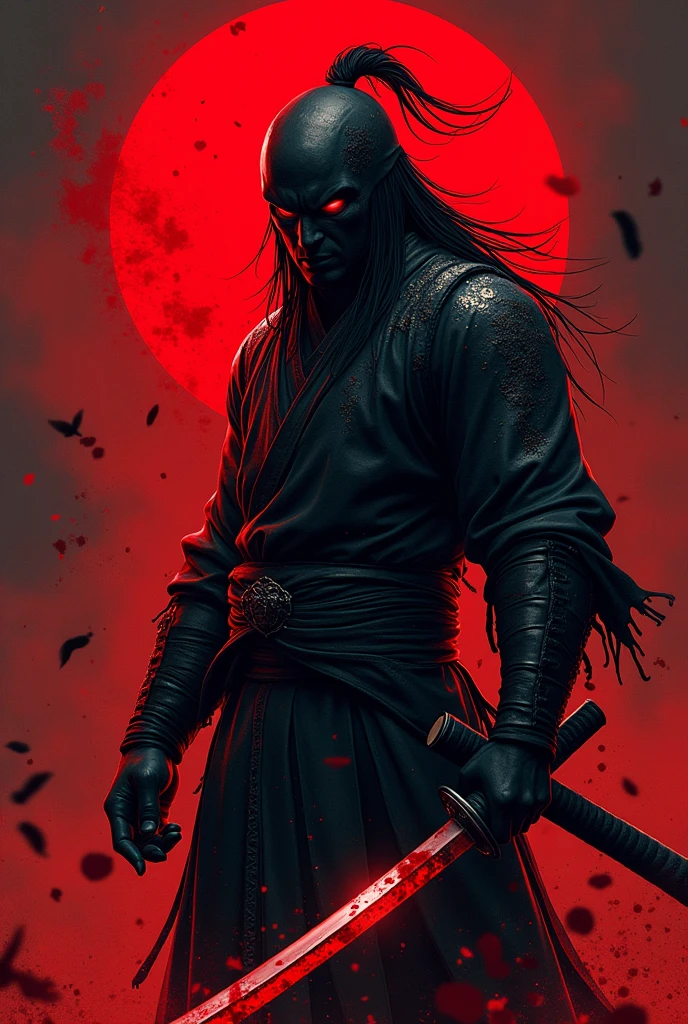 Text "Demon Slayer" bloody Katana, action scen, red and black theme, character from demon slayer, text " demon slayer" in background in english 