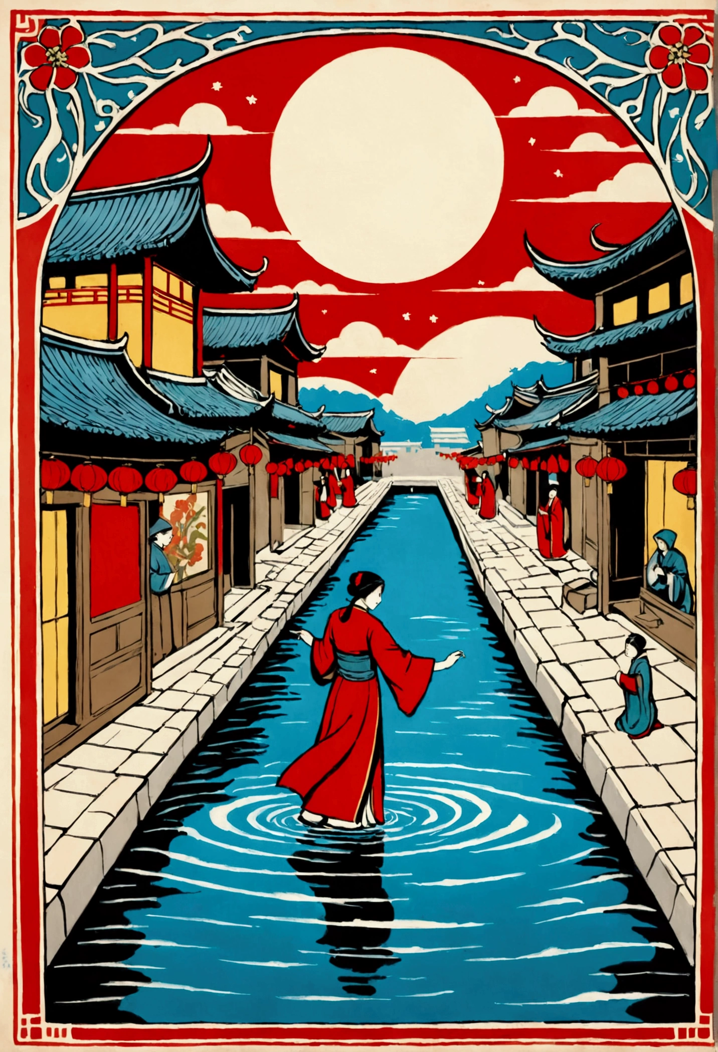 Street picture in CG game,Full of Chinese elements,The Lunar New Year is just around the corner,The festive atmosphere is strong, it's nighttime,The streets are crowded,The style of medieval illustrations, Symbolic figurative landscapes, Light red and silver, Vintage poster design, Organic Art Nouveau, Saturated pigment pool, woodcut print