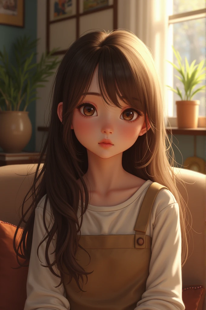 Girl with brown hair and brown eyes inside room