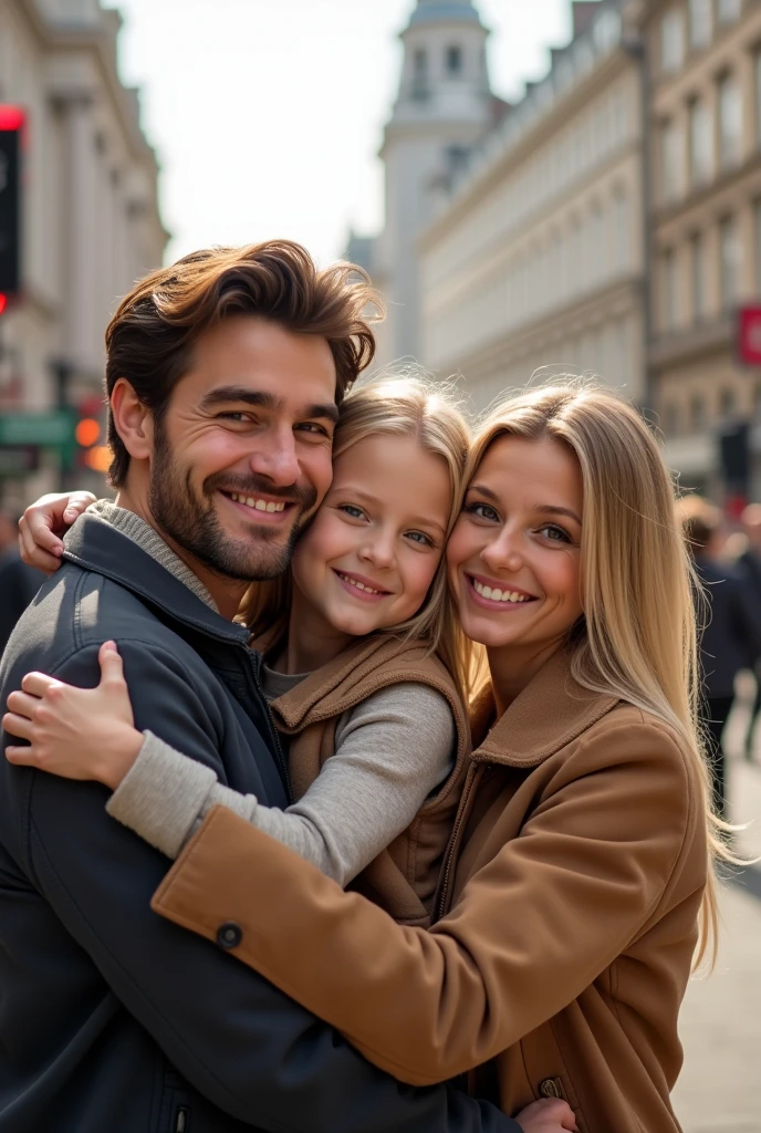 Blonde child , blue eyes very long hair hugging her father, brown hair and eyes and her mother blonde green eyes long hair taking a selfie on the streets of London 8k ultra realistic