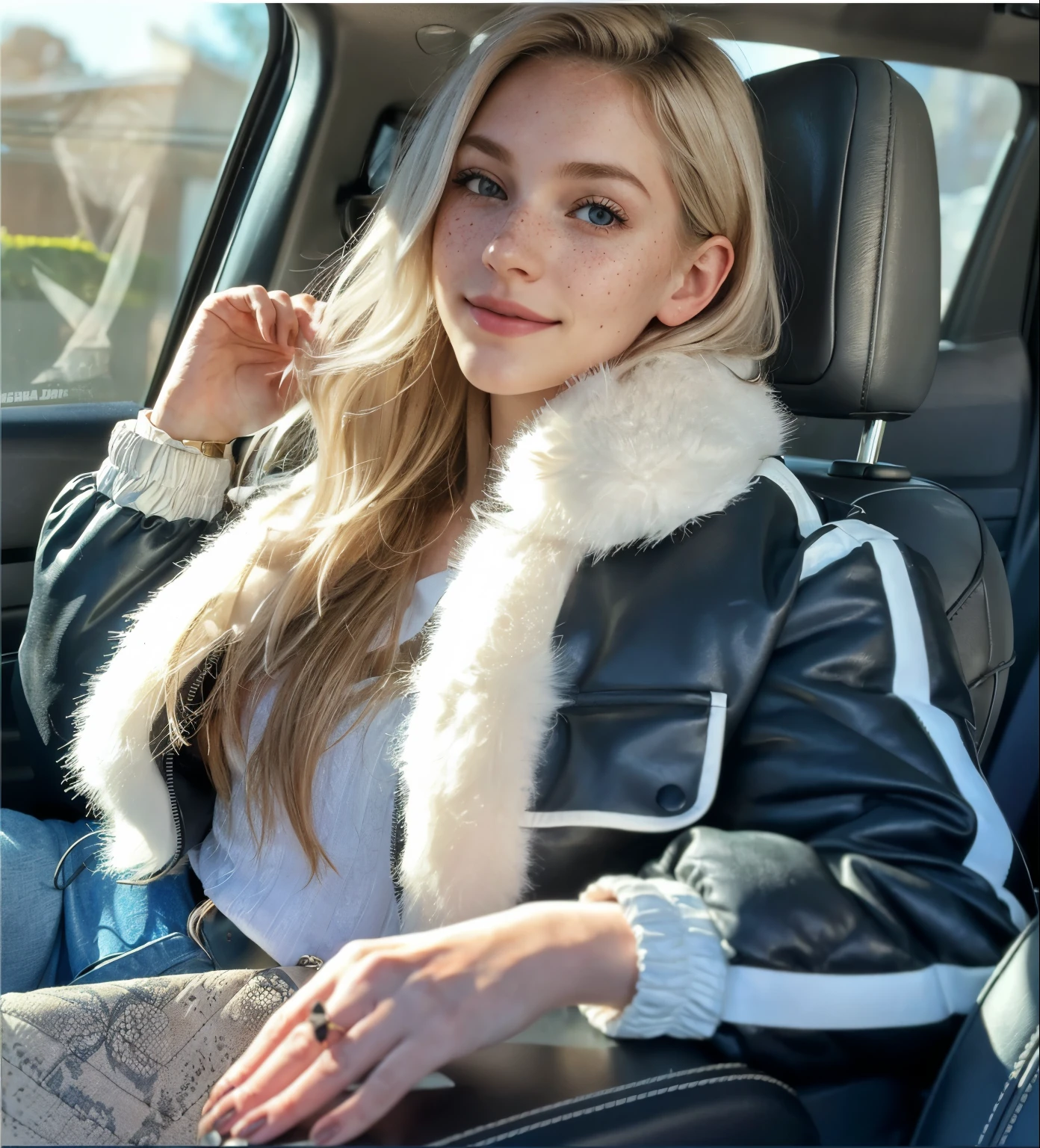 Woman, americana, age 25, pale skin and freckles, gray eyes, delicate nose, soft and delicate lips, far away, cabelo blondie far away e ondulado na altura da cintura, sweet smile, face with delicate feminine facial features, highly rendered