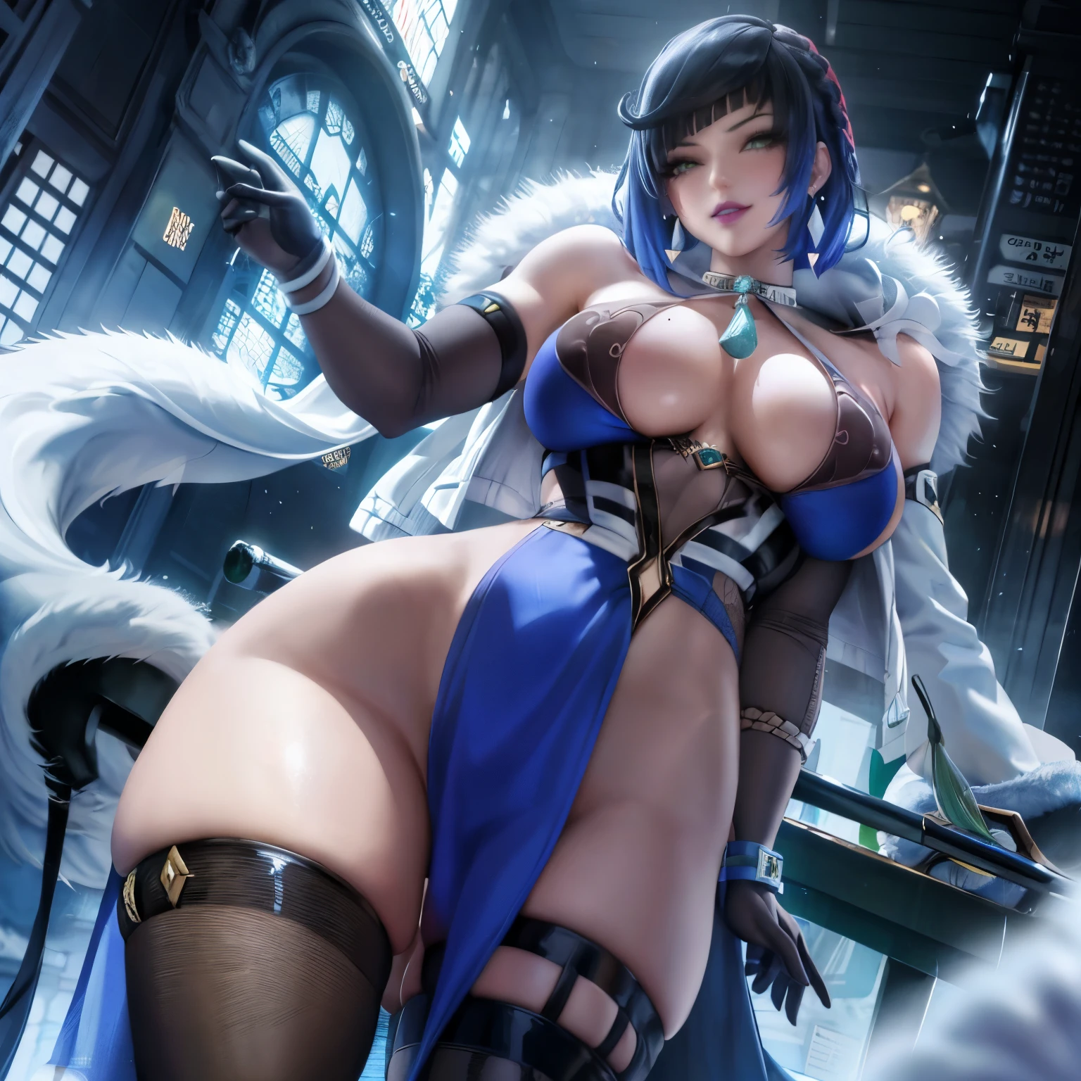 Anime girl with white hair and expressive blue eyes, Abundant breasts and sensual curves, Young realistic anime girl, Realistic anime art style, Anime Style,,8K, Charm(masterpiece, highest quality, High Resolution:1.2), alone((Recline and sit))((disney animated movie snow white、princess series、shining blue、Eye Light、Red lips)((Light skin)) ((short black hair with bangs))(dark eyeshadow makeup)(((very huge breasts))) (Perfect slim body)((She wears a small blue thong with gold trim, white stockings)),(珰, Choker, head band)((Sexy pose in the garden house)) (High freshness, Dynamic illumination and shadows)((Mastepiece))(8K)(Perfect Face)(Best Quality) (Perfect hands and eyes)（（（Put the vibrator in your）））