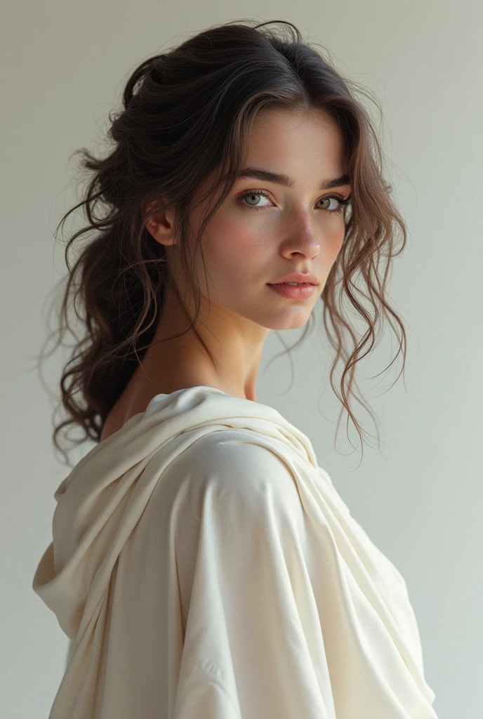 Generates a beautiful young girl with curls, White skin, hair between black and brown and with white clothing, Athena-like.