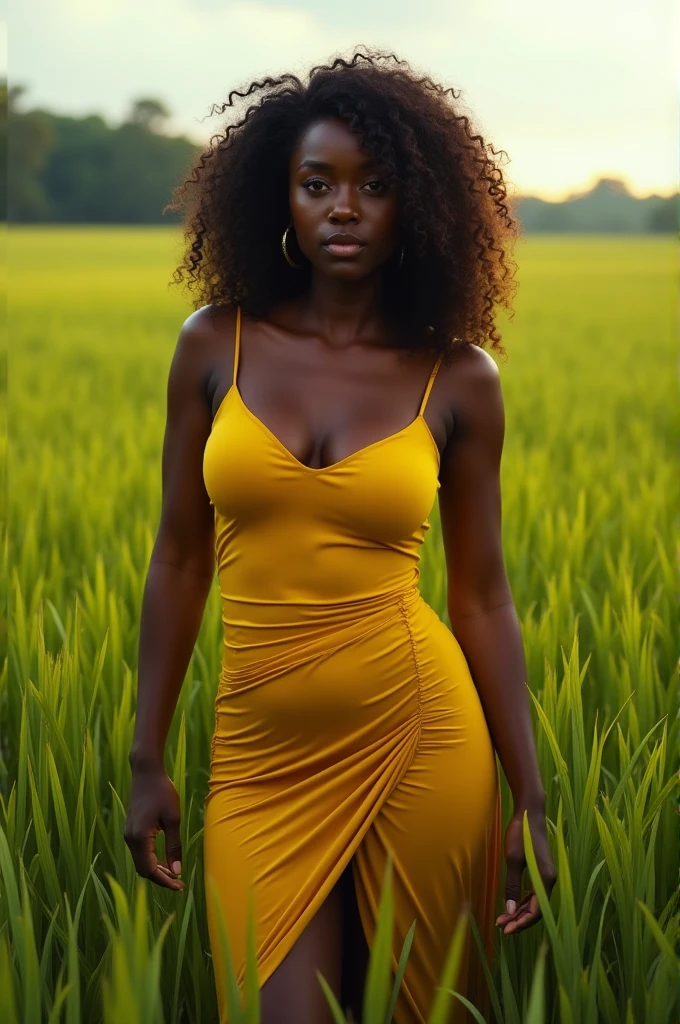 Dark-skinned woman of average height in a place where there is only grassland, wearing a yellow semi-short dress, having big breasts, big ass, big thighs and tiny waist, flat stomach.