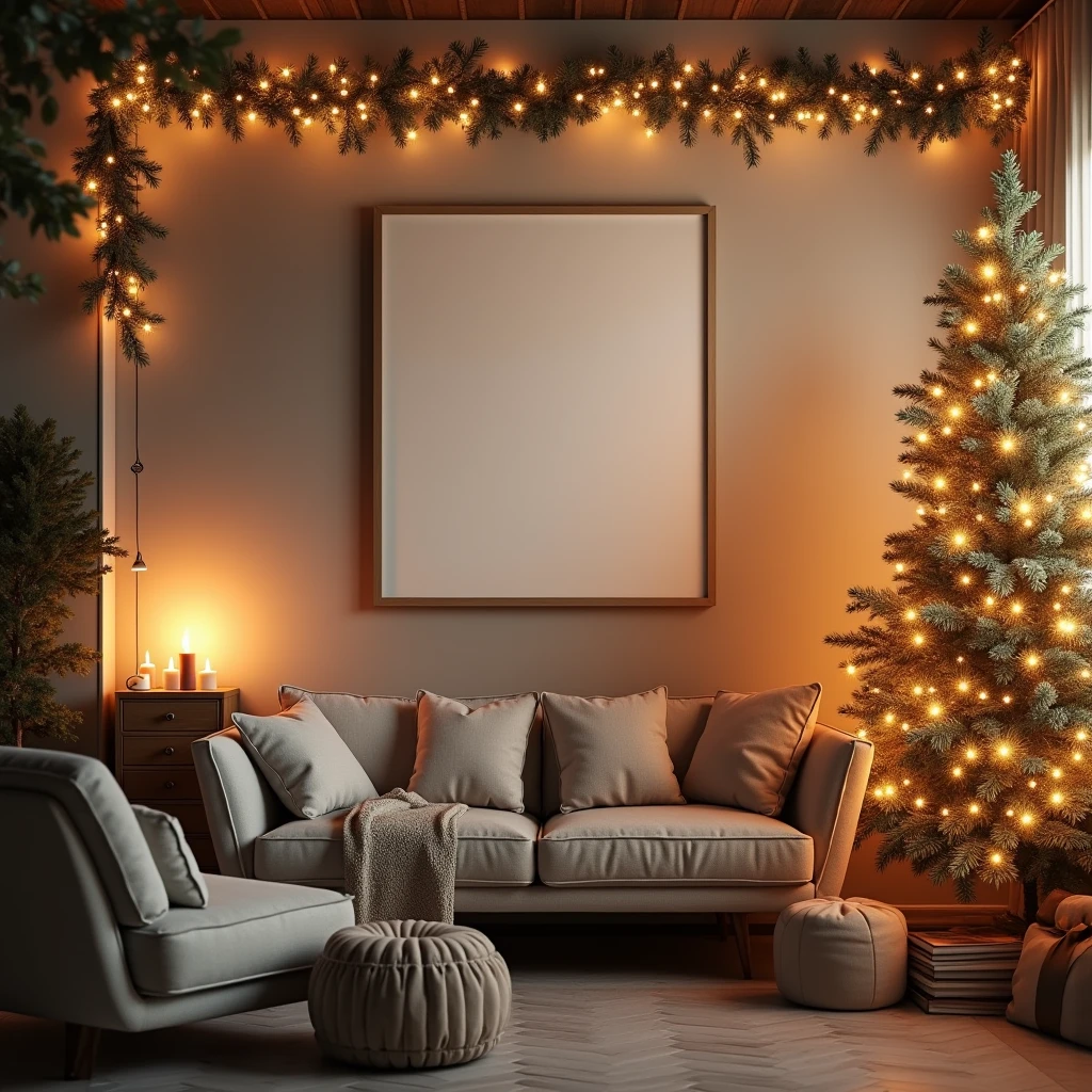 An ultra-realistic, cozy Christmas living room featuring a blank DIN A-sized white-framed canvas hanging on the wall. The canvas subtly reflects the ambient light from the holiday decorations, including a brightly lit Christmas tree, garlands, and glowing candles. The scene is filled with intricate details, such as the texture of the wall, the softness of the cushions, and the delicate shadows cast by the Christmas lights, all creating a warm and welcoming holiday setting