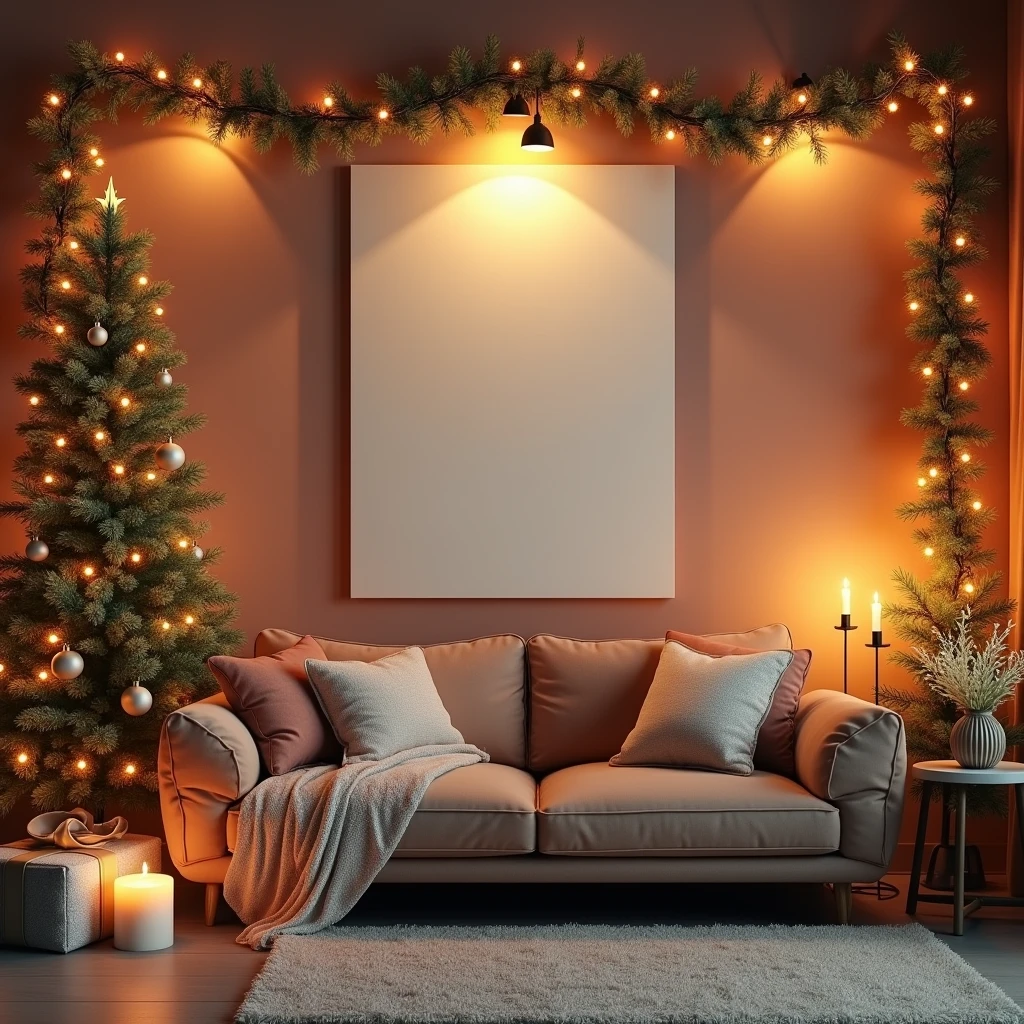 An ultra-realistic, cozy Christmas living room featuring a blank DIN A-sized white-framed canvas hanging on the wall. The canvas subtly reflects the ambient light from the holiday decorations, including a brightly lit Christmas tree, garlands, and glowing candles. The scene is filled with intricate details, such as the texture of the wall, the softness of the cushions, and the delicate shadows cast by the Christmas lights, all creating a warm and welcoming holiday setting