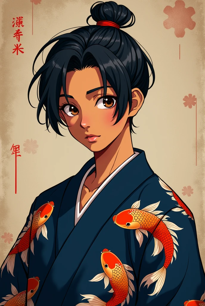 Male character Teenager with brown skin, wearing dark blue kimono with goldfish print, black hair tied back, dark brown eyes, anime styling