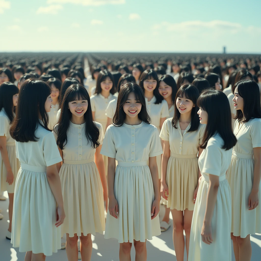 (((((Japanese Clone girls=Myself)))))), (((Best Super High quality Myself Clone girls Raw Photography Art))), (16K, Highest quality, Ultra-high resolution, RAW Photos), (((It's so unrealistic., With unparalleled depiction, With an unfathomable sight, An unprecedented and shocking worldview, Clone girls in a world of mass reproduction, Ultra-realistic))), (((Japanese, woman, 20yo, Saito-Asuka))), (Small face, ((Thick black hair, Semi-long hair))), ((V-neck short-sleeve dress)), (((((Very detailed美しい女体, Accurate body structure, Very detailed完璧な, Super busty body with very large breasts, Clearly emphasizes cleavage))))), (((Dark Eyes, Mature face, Cute Smile, A gentle gaze))), (((Her happy and smiling expression is so cute))), ((((((((Very detailed分身増殖描写, ((1girl→Myself cloning→1,000,000,000,000,000,000,000,000,000,000,000,000,000,000,000,000,000,000,000,000Myself Clone girls)))))))))), ((((((((Very detailed, The precise depiction of the proliferation of Myself Clone girls, ((With the perfectly identical bodies of Myself clone girls, With the exact same face as the Myself clone girls, With the exact same hairstyle as the Myself clone girls, In the exact same clothes as the girls who are my clones, Perfectly the same height as the Myself clone girls, Super big breasts, just like the Myself clone girls)))))))))), (((Myself clone girls only))), (((Multiple pairs, Very detailed depiction, (Myself clone girls hug each other, Myself clone girls assemble, Fun conversations with fellow Myself clone girls, A fun conversation between Myself clone girls, Myself clone girls holding hands, Walking with lots of Myself clone girls, turn around, look at me, The approaching crowd of Myself)))), (((Everyone looks at the camera))), (((Unbelievably crowded, Transcendent Myself clone girls intimately, Countless Myself clone girls surround you in 360 degrees))), (Bright, soft sunlight), (((Very wide field of view, Very detailed, Detailed ultra-perspective depiction with clear depth, super wide view))), (((((A place where multiple Myself armies join together))))), (((Very photographic and detailed depiction, Myself clone girls will multiply infinitely and fill the surroundings from one side to the horizon with their bodies tightly packed together without any gaps., A scene of endless Myself clone girls, giving a happy vibe.))), (Focus on the average value of the image)