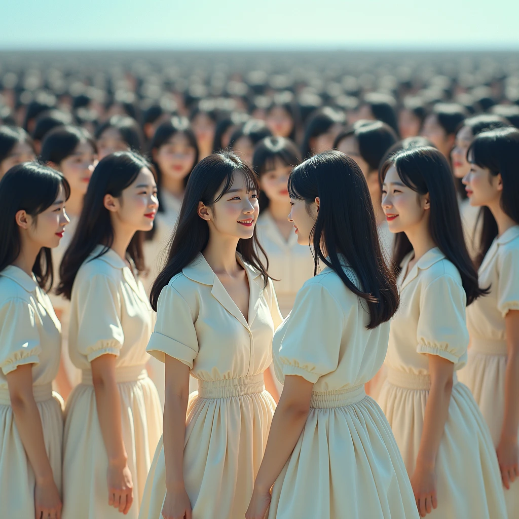 (((((Japanese Clone girls=Myself)))))), (((Best Super High quality Myself Clone girls Raw Photography Art))), (16K, Highest quality, Ultra-high resolution, RAW Photos), (((It's so unrealistic., With unparalleled depiction, With an unfathomable sight, An unprecedented and shocking worldview, Clone girls in a world of mass reproduction, Ultra-realistic))), (((Japanese, woman, 20yo, Saito-Asuka))), (Small face, ((Thick black hair, Semi-long hair))), ((V-neck short-sleeve dress)), (((((Very detailed美しい女体, Accurate body structure, Very detailed完璧な, Super busty body with very large breasts, Clearly emphasizes cleavage))))), (((Dark Eyes, Mature face, Cute Smile, A gentle gaze))), (((Her happy and smiling expression is so cute))), ((((((((Very detailed分身増殖描写, ((1girl→Myself cloning→1,000,000,000,000,000,000,000,000,000,000,000,000,000,000,000,000,000,000,000,000Myself Clone girls)))))))))), ((((((((Very detailed, The precise depiction of the proliferation of Myself Clone girls, ((With the perfectly identical bodies of Myself clone girls, With the exact same face as the Myself clone girls, With the exact same hairstyle as the Myself clone girls, In the exact same clothes as the girls who are my clones, Perfectly the same height as the Myself clone girls, Super big breasts, just like the Myself clone girls)))))))))), (((Myself clone girls only))), (((Multiple pairs, Very detailed depiction, (Myself clone girls hug each other, Myself clone girls assemble, Fun conversations with fellow Myself clone girls, A fun conversation between Myself clone girls, Myself clone girls holding hands, Walking with lots of Myself clone girls, turn around, look at me, The approaching crowd of Myself)))), (((Everyone looks at the camera))), (((Unbelievably crowded, Transcendent Myself clone girls intimately, Countless Myself clone girls surround you in 360 degrees))), (Bright, soft sunlight), (((Very wide field of view, Very detailed, Detailed ultra-perspective depiction with clear depth, super wide view))), (((((A place where multiple Myself armies join together))))), (((Very photographic and detailed depiction, Myself clone girls will multiply infinitely and fill the surroundings from one side to the horizon with their bodies tightly packed together without any gaps., A scene of endless Myself clone girls, giving a happy vibe.))), (Focus on the average value of the image)