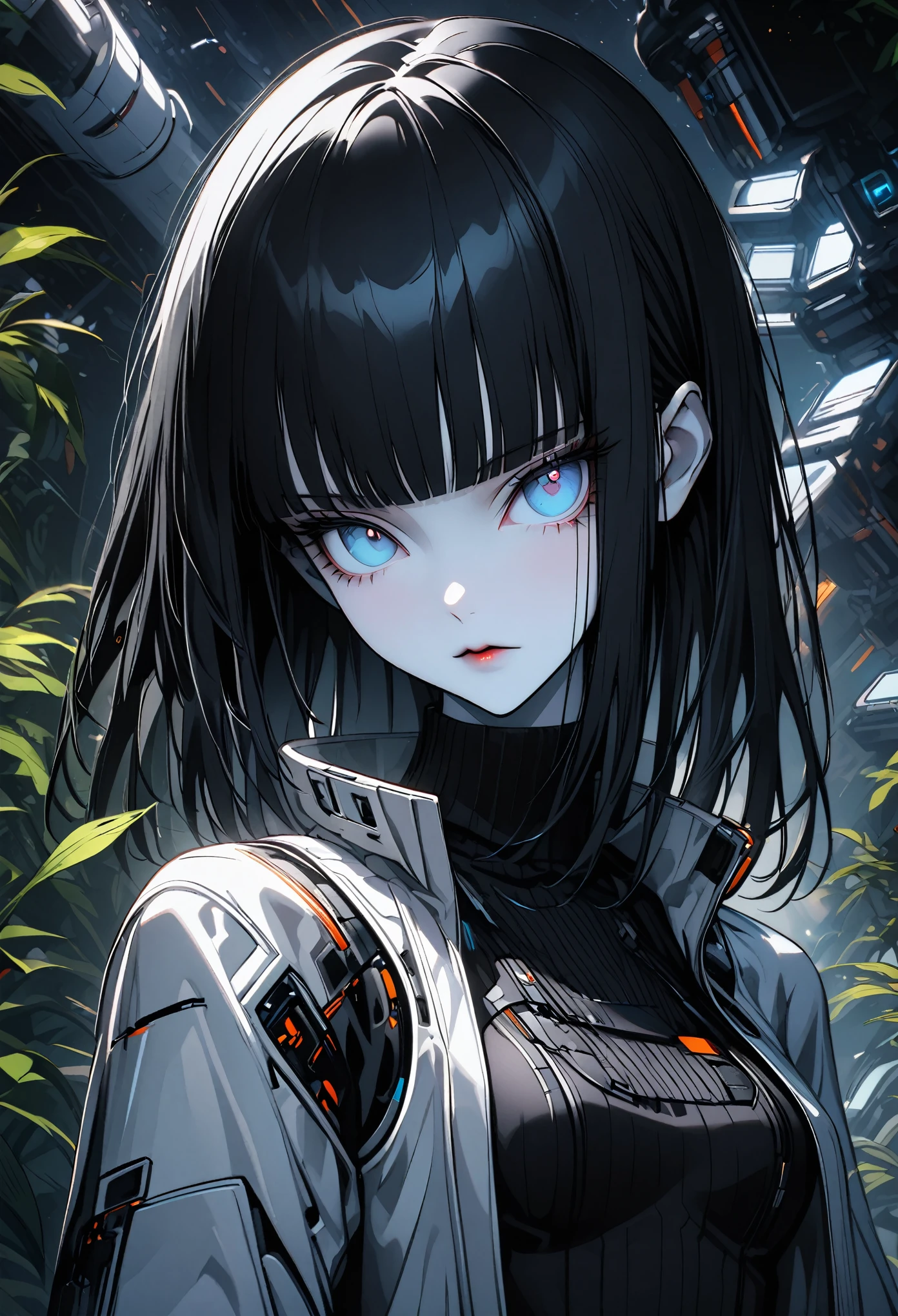 solo, female, long straight black hair, straight bangs, hime cut, light blue eyes, slender, thin, very tall, black turtleneck, light jacket, pale white skin, stylish clothes, medium breasts, space lab, plants, close up, dandere, futuristic, augmentations:0.1