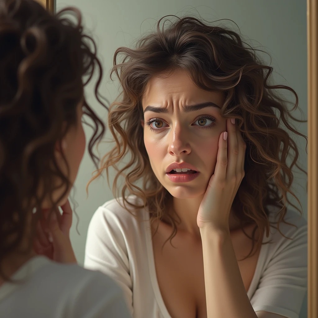 A woman with visibly frizzy and messy hair, looking frustrated at the mirror, PICTURE REALISTIC