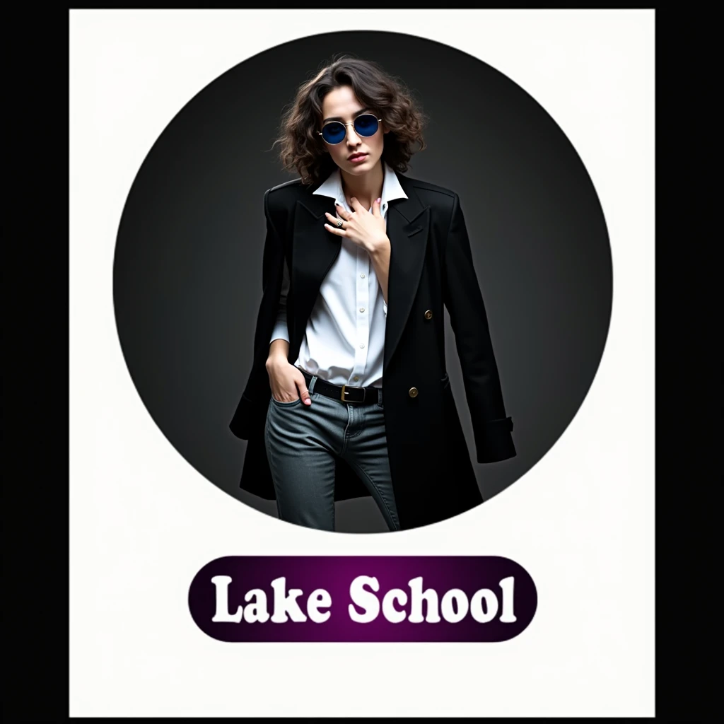 Give bodies with i character photo video editing content Long black curly hair with blue-shaded glasses A black coat with one finger slung back over the shoulder and the other hand in the pants pocket