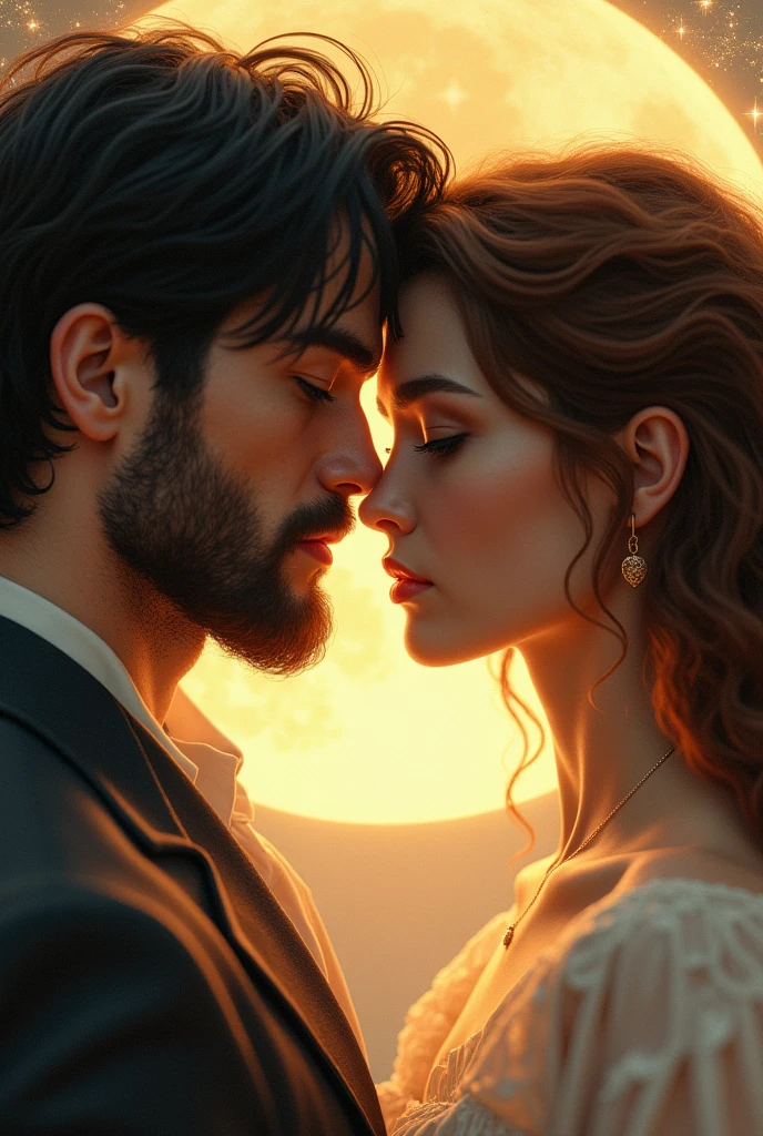 create couple image, being the man with black hair and shaved beard, brown eyes and the woman with curly brown hair and brown eyes, the two represented by the sun and the moon, the man being the moon and the woman the sun