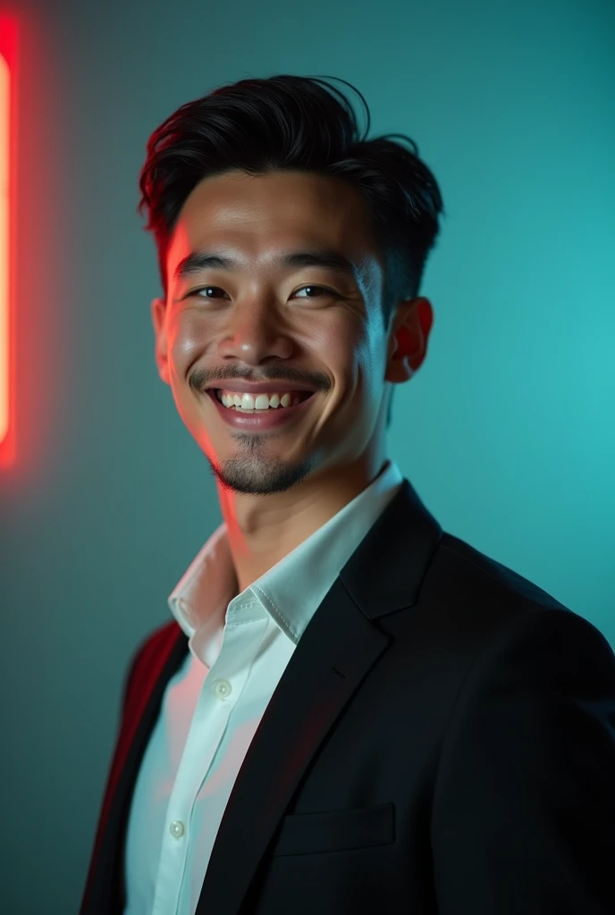 A young man with dark hair and a confident smile. He is dressed in a black blazer over a white shirt. The man is positioned against aqua colour backdrop with a subtle red lighting on the left side. and he posing for Linkedin profile