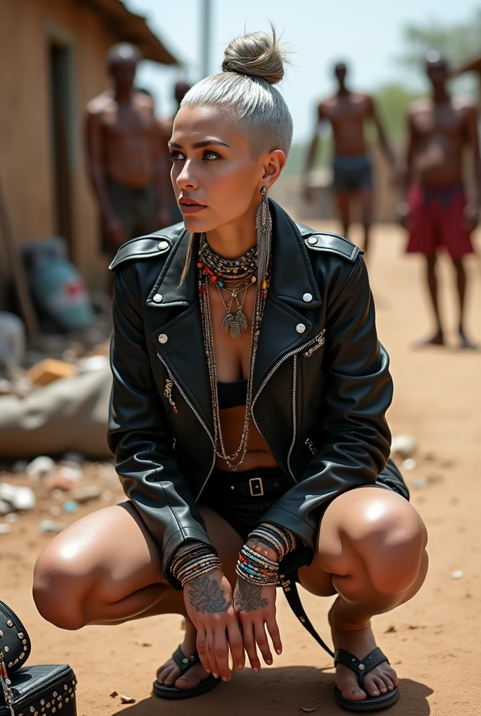 russian milf woman, grey hair (pouf, and top bun and shaved sides) and oversized square maxi sunglasses as headband, with very light blue eyes, extremely pale. Wearing aged black cropped moto jacket with padded shoulders with lots of zippers and pins; black bikini, flip flops . Dirty knees and dusty hands. Lots of metallic bracelets, lots of boho pendants and lots of colourful beads collars. Long boho earrings with colourful feathers. Squatting like in a payer, looking up, chin up, stretching her neck , humble facial expression. Hands on her knees, showing off bracelets and rings. studded black leather tote bag with chains on the floor, next to her.. Listening chin up in amazement to somebody speaking to her from above, well toned abdominals, thin neck, slim legs and thin arms. Tattoed heavily on chest, belly, neck, tigh and hands. Dirt street in Kenian village full of waste. A lot of tanned shirtless fat men in jeans around looking at her. next to her, all her belongings scattered on the floor: makeup kit, little makeup mirror, studded black leather tote bag, lipstick, wallet, moble etc on the floor