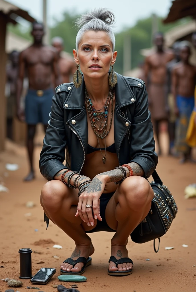 russian milf woman, grey hair (pouf, and top bun and shaved sides) and oversized square maxi sunglasses as headband, with very light blue eyes, extremely pale. Wearing aged black cropped moto jacket with padded shoulders with lots of zippers and pins; black bikini, flip flops . Dirty knees and dusty hands. Lots of metallic bracelets, lots of boho pendants and lots of colourful beads collars. Long boho earrings with colourful feathers. Squatting like in a payer, looking up, chin up, stretching her neck , humble facial expression. Hands on her knees, showing off bracelets and rings. studded black leather tote bag with chains on the floor, next to her.. Listening chin up in amazement to somebody speaking to her from above, well toned abdominals, thin neck, slim legs and thin arms. Tattoed heavily on chest, belly, neck, tigh and hands. Dirt street in Kenian village full of waste. A lot of tanned shirtless fat men in jeans around looking at her. next to her, all her belongings scattered on the floor: makeup kit, little makeup mirror, studded black leather tote bag, lipstick, wallet, moble etc on the floor