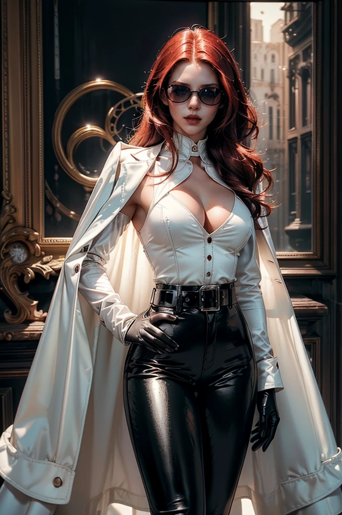 [cowboy shot], a beautiful young woman with long red hair, slim body, thin waist, narrow hips, detailed facial features, ((wearing high quality high waist black leather pants)), ((a formal white colored silk shirt with cleavage and long sleeves)), ((a white fur coat on shoulders)), ((red lining)), ((luxury waist belt)), ((slightly red tinted glasses)), ((black latex gloves)), ((expensive reflective silk scarf)), holding a handbag, hand on waist, (best quality,4k,8k,highres,masterpiece:1.2),ultra-detailed,(realistic,photorealistic,photo-realistic:1.37),high fashion,editorial,dramatic lighting,cinematic,vivid colors,intricate details, glamorous