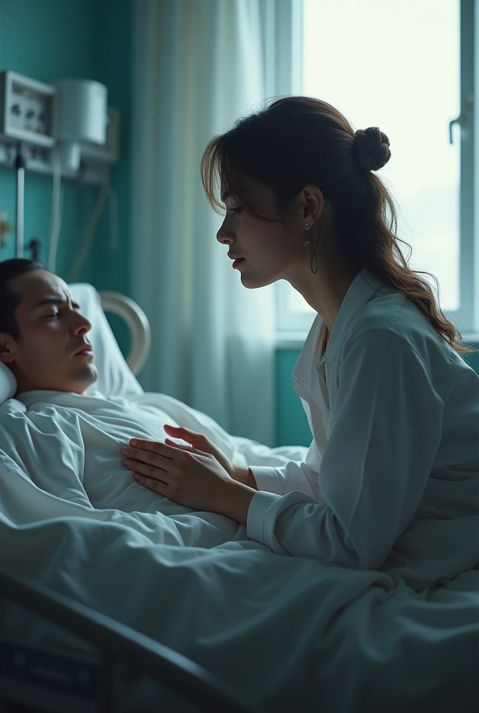 (photorealism:1.2), A young woman praying ((kneeling) next to a sick person in a hospital ((crying))