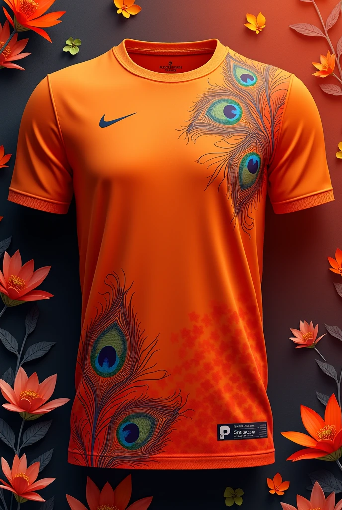 Make a sports jersey of kesariya colour having only peacock petal colour in it