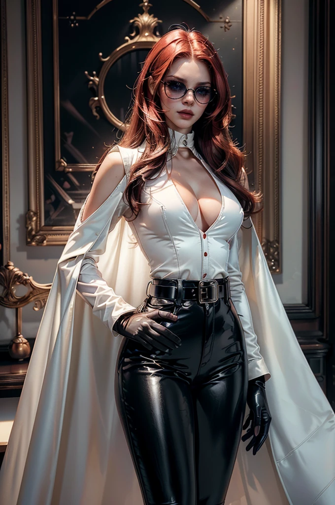 [cowboy shot], a beautiful young woman with long red hair, slim body, thin waist, narrow hips, detailed facial features, ((wearing high quality high waist black leather pants)), ((a formal white colored silk shirt with cleavage and long sleeves)), ((a white fur coat on shoulders)), ((red lining)), ((luxury waist belt)), ((slightly red tinted glasses)), ((black latex gloves)), ((expensive reflective silk scarf)), holding a handbag, hand on waist, (best quality,4k,8k,highres,masterpiece:1.2),ultra-detailed,(realistic,photorealistic,photo-realistic:1.37),high fashion,editorial,dramatic lighting,cinematic,vivid colors,intricate details, glamorous