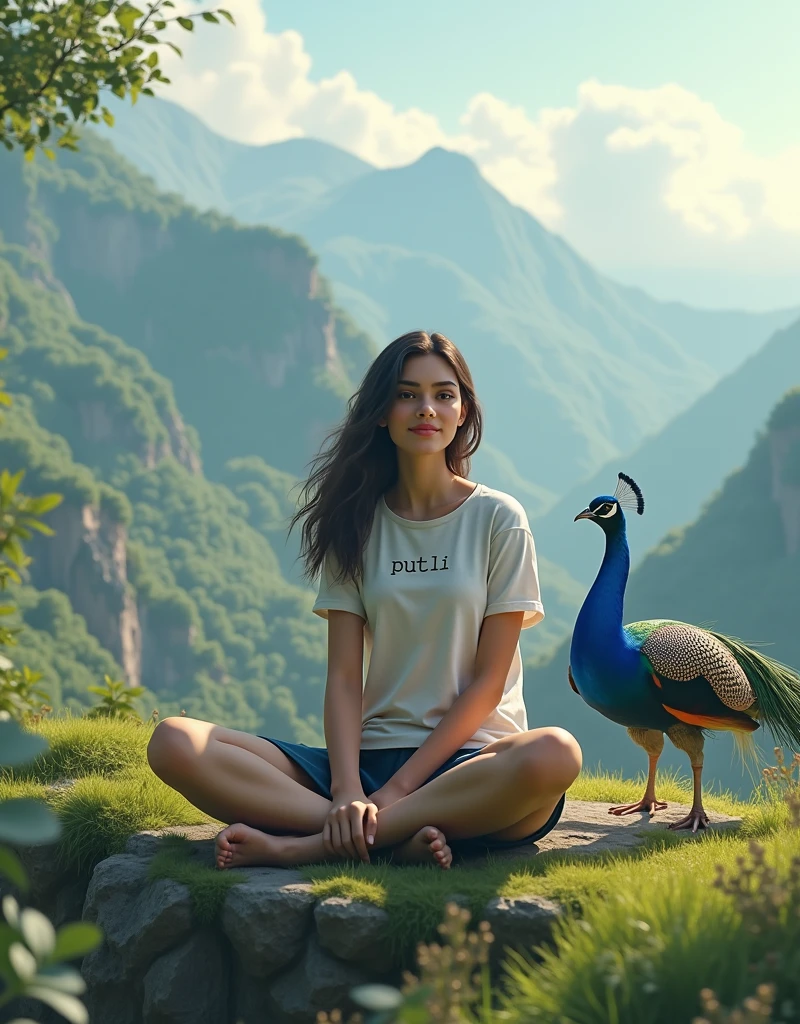 create a 3d image of
26 yaar old Indian Girl who is sitting next to krishna ji and Krishna ji playing the flute, they both sit together on the mountain, Girl wearing T-shirt Name "putli" written on it, make sure text shout be misspelled, heaven like beautiful view background, peacock dancing,realistic image and Girl is in barefoot.