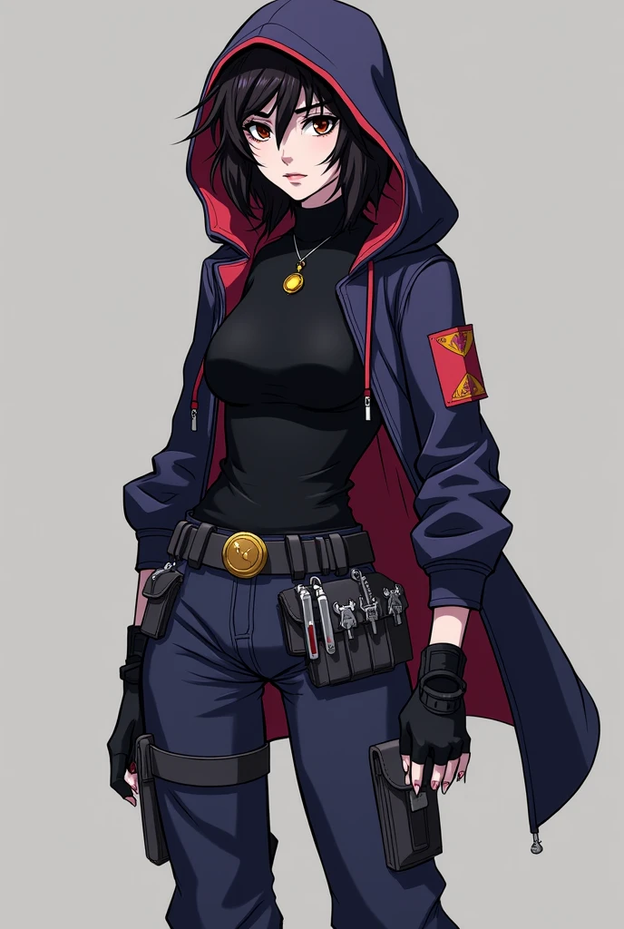 1 girl. DC comics style Young Justice. dark brown hair, Wavy and disheveled below the shoulders, tired brown eyes with dark circles, almost pale white complexion,1.65 m, slim and agile build. security guard clothing, black muscle shirt, Black oversized military pants and a comfortable colored jacket with violet details, The emblem on the chest is a lunar symbol with a drop of blood in the center., representing his gift The black hooded cloak has a dark red trim, The boots and gloves have dark red details, and the nails on the gloves look like sharp claws. The black mask has night vision lenses that appear to be like wolf eyes., on the belt, He carries tools and weapons that appear to be like medical instruments.. The entire costume seems to be like an extension of his gift.