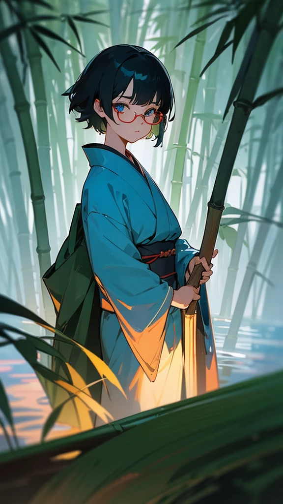 Make a character with short black hair, blue colored eyes,with a kimono half blue with green,in a bamboo forest at night, manipulating water with one hand, Rectangular red glasses