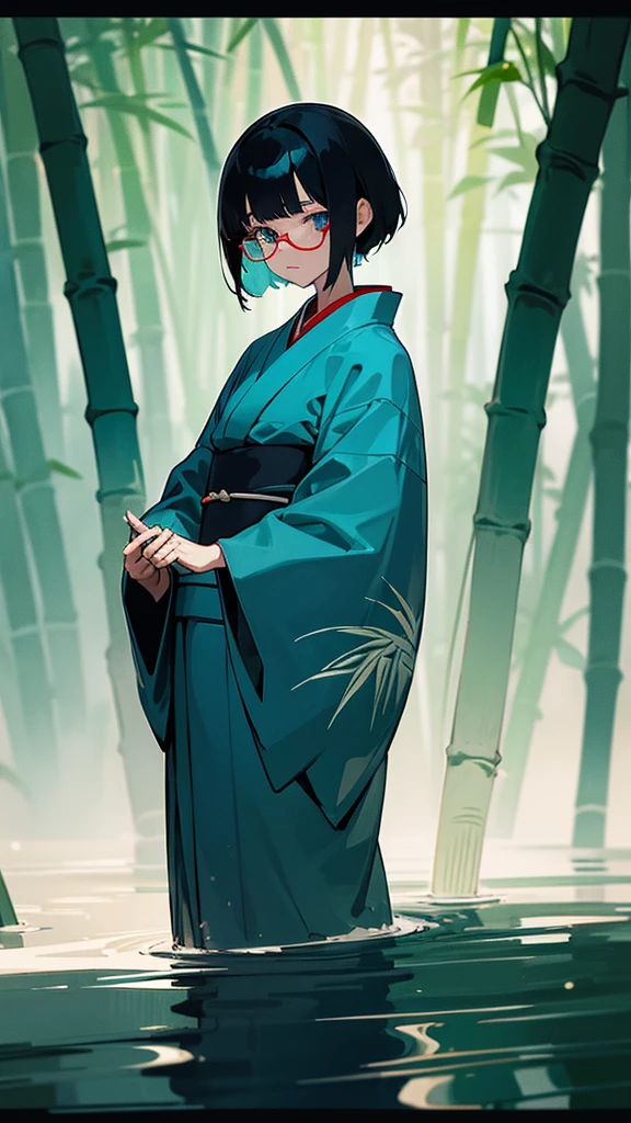 Make a character with short black hair, blue colored eyes,with a kimono half blue with green,in a bamboo forest at night, manipulating water with one hand, Rectangular red glasses