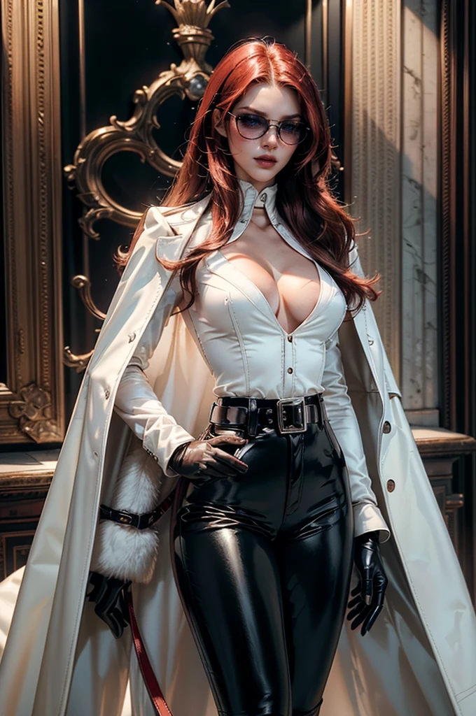 [cowboy shot], a beautiful young woman with long red hair, slim body, thin waist, narrow hips, detailed facial features, ((wearing high quality high waist black leather pants)), ((a formal white colored silk shirt with cleavage and long sleeves)), ((a white fur coat on shoulders)), ((red lining)), ((luxury waist belt)), ((slightly red tinted glasses)), ((black latex gloves)), ((expensive reflective silk scarf)), holding a handbag, hand on waist, (best quality,4k,8k,highres,masterpiece:1.2),ultra-detailed,(realistic,photorealistic,photo-realistic:1.37),high fashion,editorial,dramatic lighting,cinematic,vivid colors,intricate details, glamorous