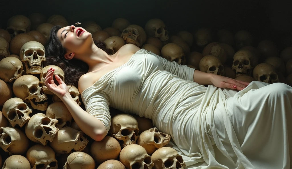 Make a woman completely bandaged all over her body, except in the mouth and eyes, lying on top of a pile of skulls, with the mouth open, flies coming out, camera from above, Renaissance style.