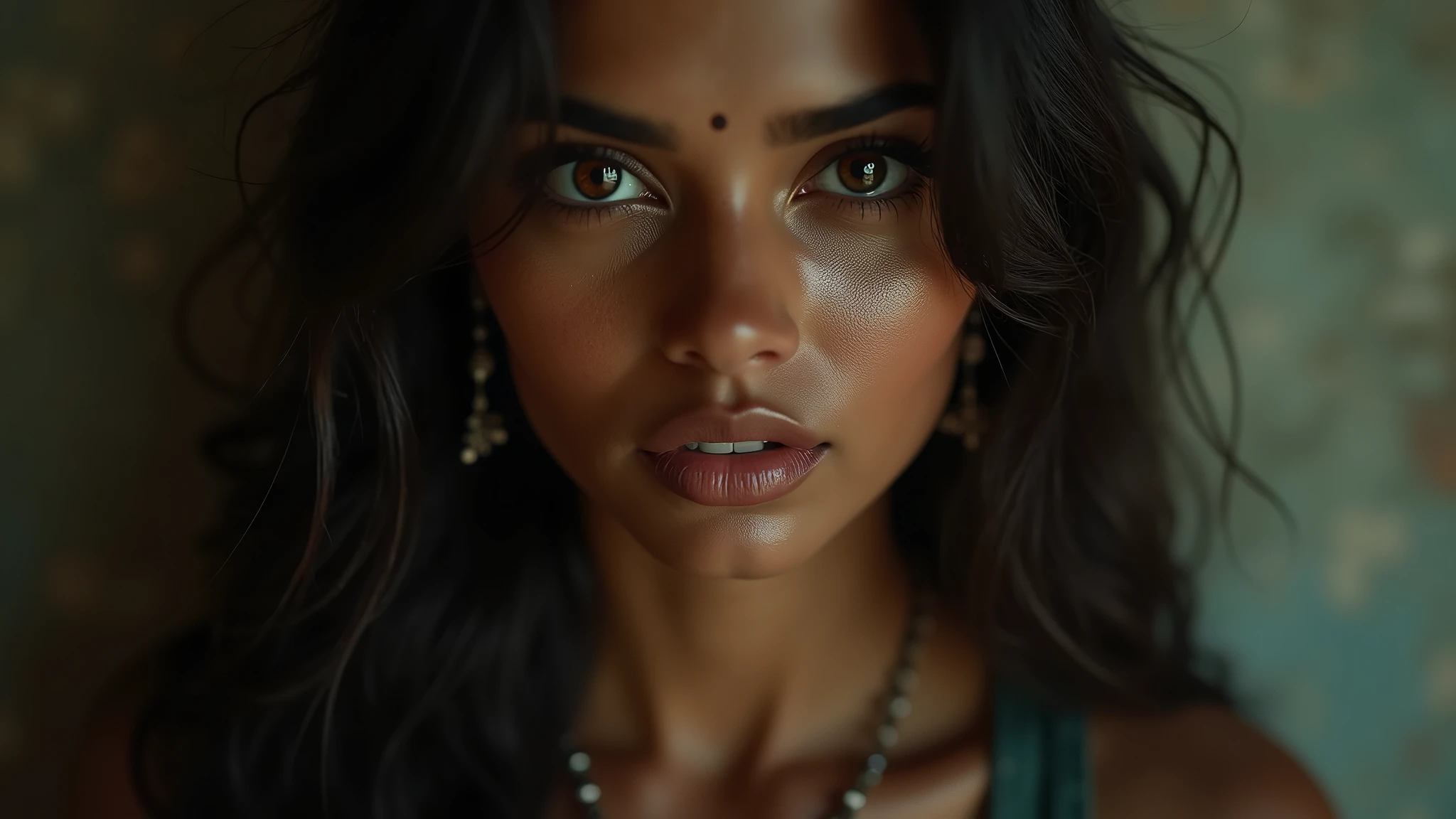 a beautiful mysterious Indian woman, Western fashion, intricate detailed face, piercing eyes, long eyelashes, delicate skin, natural beauty, flowing hair, candid elegant pose, dramatic lighting, cinematic mood, muted color palette, chiaroscuro lighting, high quality, photorealistic, 8k, intricate details, professional rendering