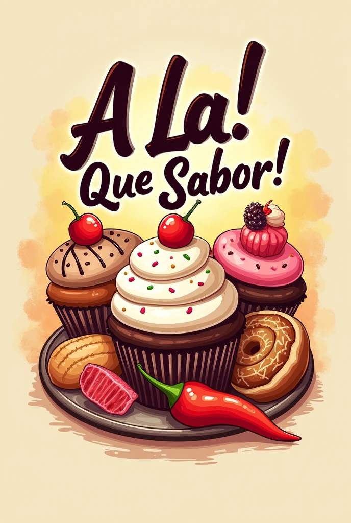 Create a logo for a food business where you sell sweet things like cupcakes,donuts and salty things like breads with meats and gummies with chili that is a mix of food and that has the name A LAA! WHAT A FLAVOR in Spanish