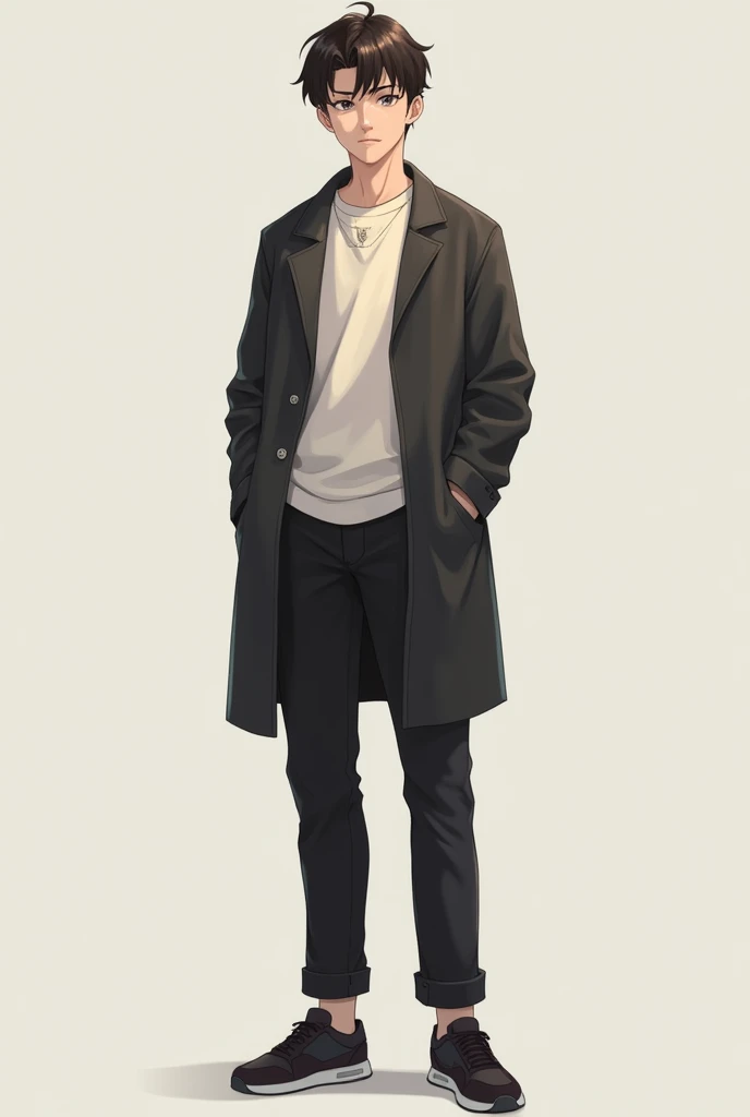 A boy age 22 and wear coat pnat
stand look camera 