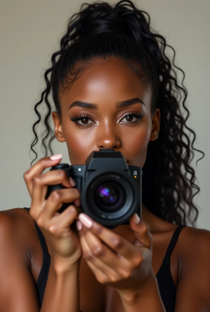 ((Extremely realistic)) there is a black woman , the woman has her curly moist hair slicked back in to a long curly ponytail and, she has brown skin, with brownish skin, with she is taking a long shot selfie