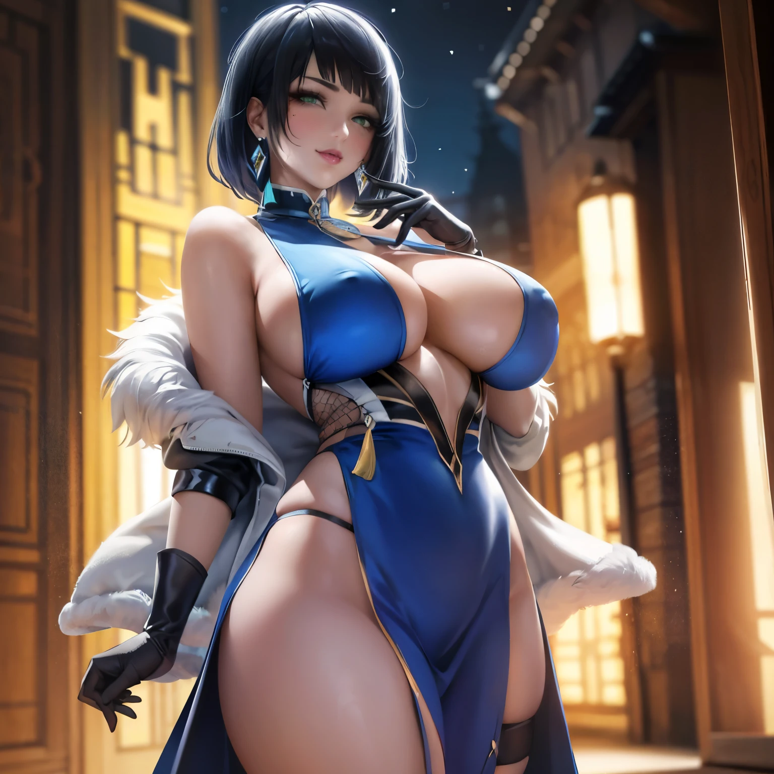 1girl, solo, bare shoulders, night sky, building, cloud, cowboy shot, earrings, east asian architecture, (hyper breasts:1.4), (gigantic breast:1.3), erect nipple, pufffy nipple, covered nipple, looking at viewer, outdoors, (night:1.2),(outdoors), (very detailed background), YelanV4, short hair, (blunt cut:1.2), gloves, dress, cleavage, jewelry, green eyes, jacket, earrings, fur trim, blue dress, white jacket, tassel, pelvic curtain, mole on breast, jacket on shoulders, vision (genshin impact), purple lips, dice、 BREAK (realistic:1.4), portrait, (masterpiece), (specular lighting:1.3), (hyperrealistic:1.2), (photorealistic face:1.2), (perfect face), (perfect eyes), (best quality), (8k), (4k), sharp focus, octane render, best quality, extremely detailed, intricate, fantasy, soft lighting, (gigantic hanging breasts), (skindentation:1.3), (chubby:1.2), (voluptuous:1.2), thick eyelashes, long eyelashes, smile, blush, oil