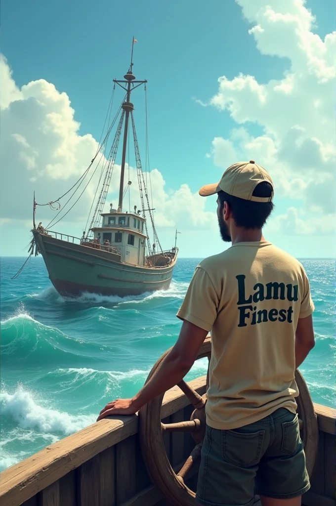 I want to create a fishing boat on the sea and the sailor should be wearing a t-shirt named LAMU FINEST on the back