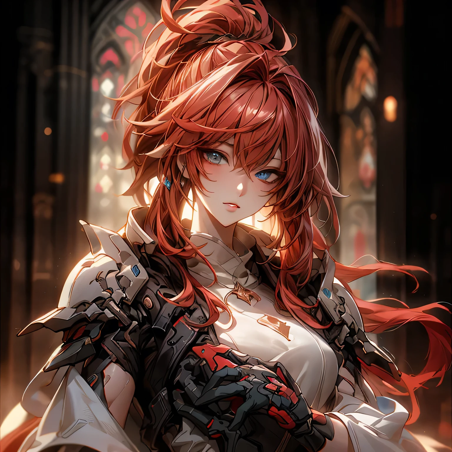(best quality)), ((Masterpiece)), (details:1.4), 3d, HDR (high dynamic range), an image of a beautiful cyberpunk female, fantasy, medieval, Red hair, High ponytail, Golden eyes, จมูกโด่ง, ปากแดง, หน้าอกใหญ่, nvidia RTX, PBR surface, After processing, Anisotropic filtration,depth of field, Maximum clarity and clarity, multi-layered surface, Subsurface scattering, perfect proportions, 8K raw files, ultra detailed, Perfect proportions, volumetric lighting, soft lighting, Holy Paladin, Heavy Red Armor, glossy skin, chapel background, jewely, ต่างหู, นิ้วมือสมบูรณ์,